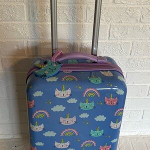 Kids Unicorn Cat Rainbow Print Rolling Suitcase - Blue & Purple